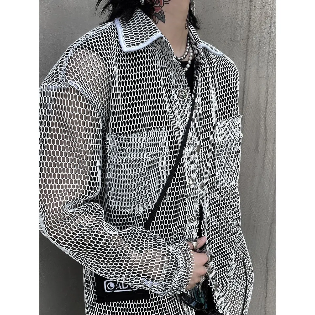 Oversized Fish Net Style Button Up Shirt Top Long Sleeve Summer Fall Woman Men Hip Hop Loose Plus Size harajuku street punk y2k