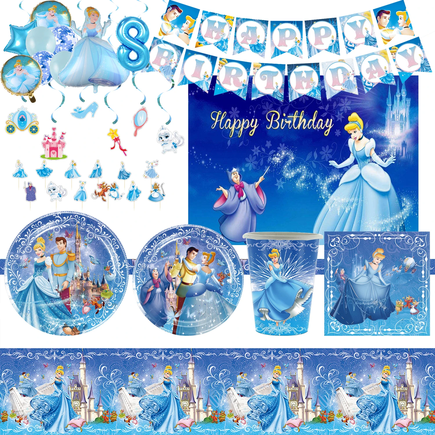 

Cinderella Princess Themed Birthday Party Decoration Supplies Disposable Cutlery Suit Balloon Background Baby Shower Gift