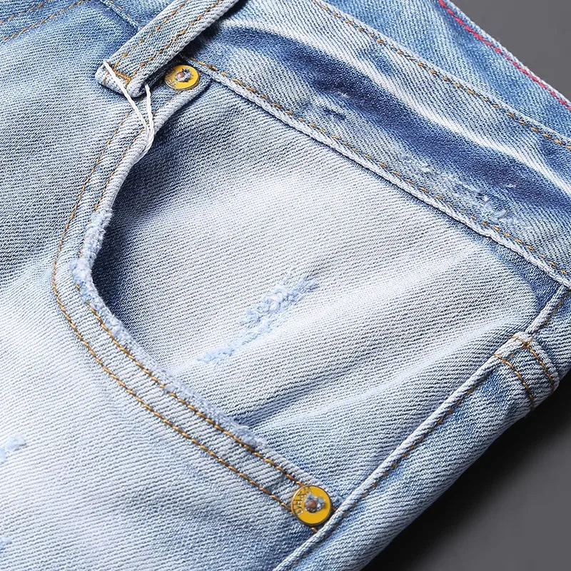 Summer Trendy Fashion Men Jeans Retro Light Blue Spliced Designer Elastic Ripped Short Jeans Vintage Casual Denim Shorts Men