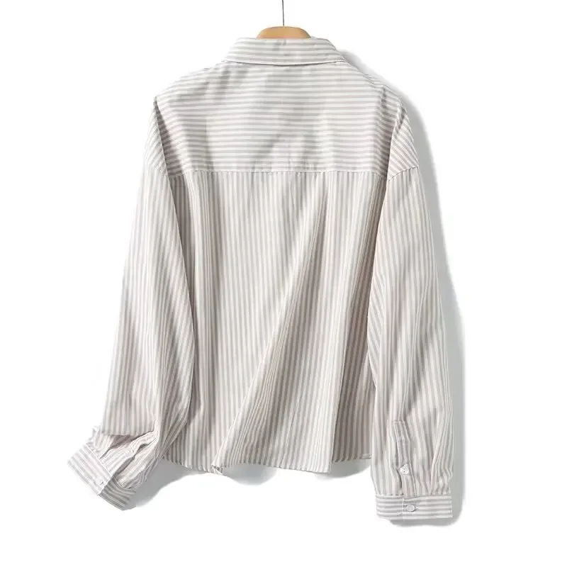 Women's 2024 New Fashion Casual Joker Linen Short Striped Lapel Blouse Retro Long Sleeve Button Blouse Chic Blouse.