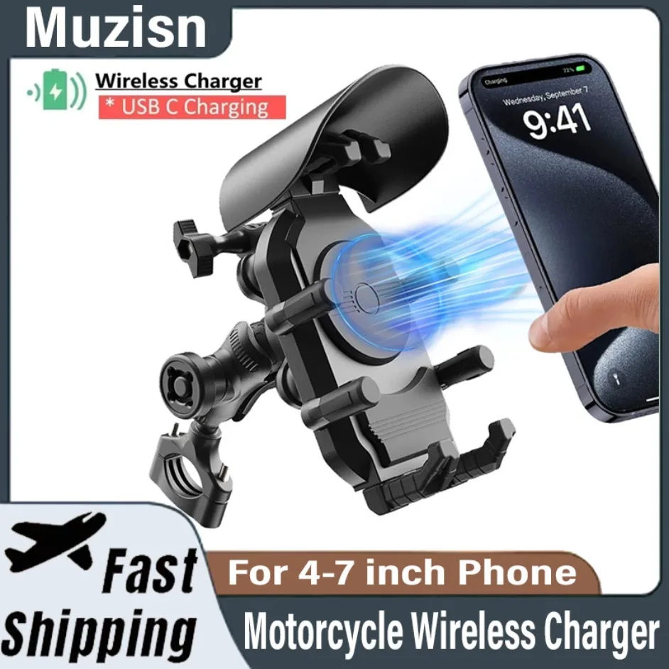 

15W Motorcycle Wireless Charging Phone Holder Phone Cradle Charger GPS Moto Support Cellphone Handlebar Mount for 4-7 inch Phone