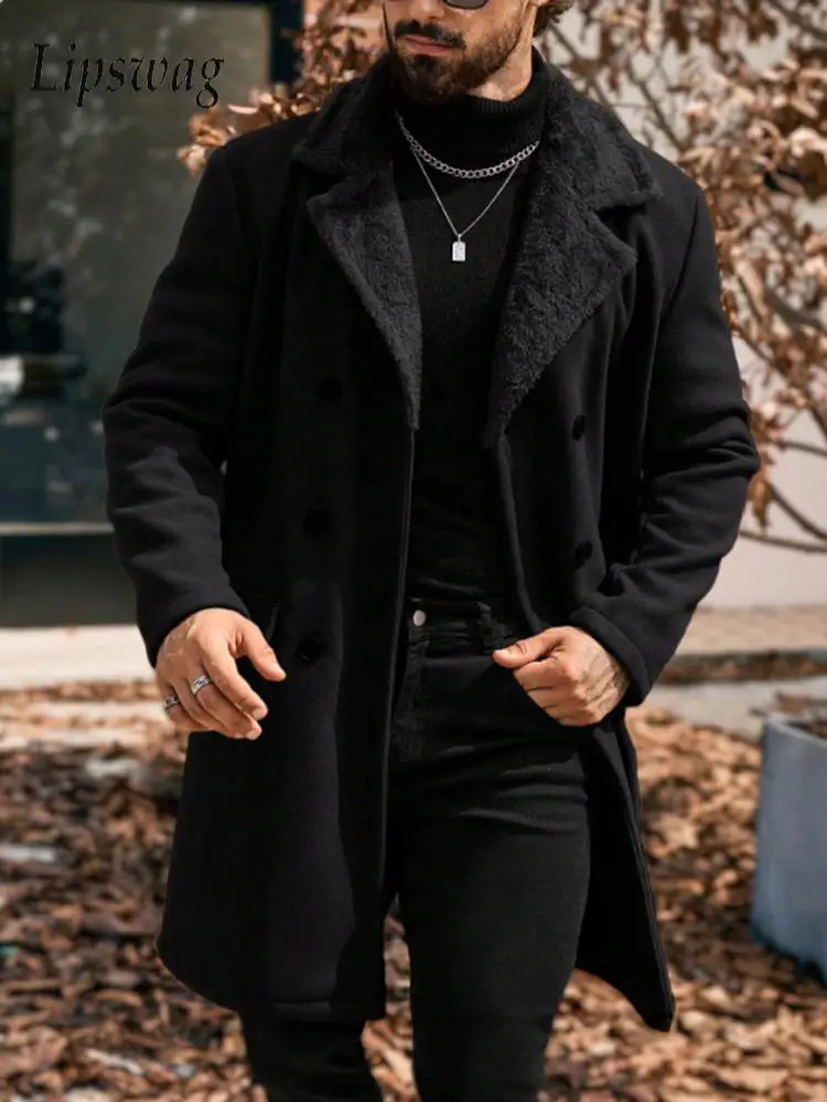 

Winter Warm Wool Coats Vintage Patchwork Turn-down Collar Double-breasted Overcoats Mens 2026 Spring Stylish Woolen Windbreaker