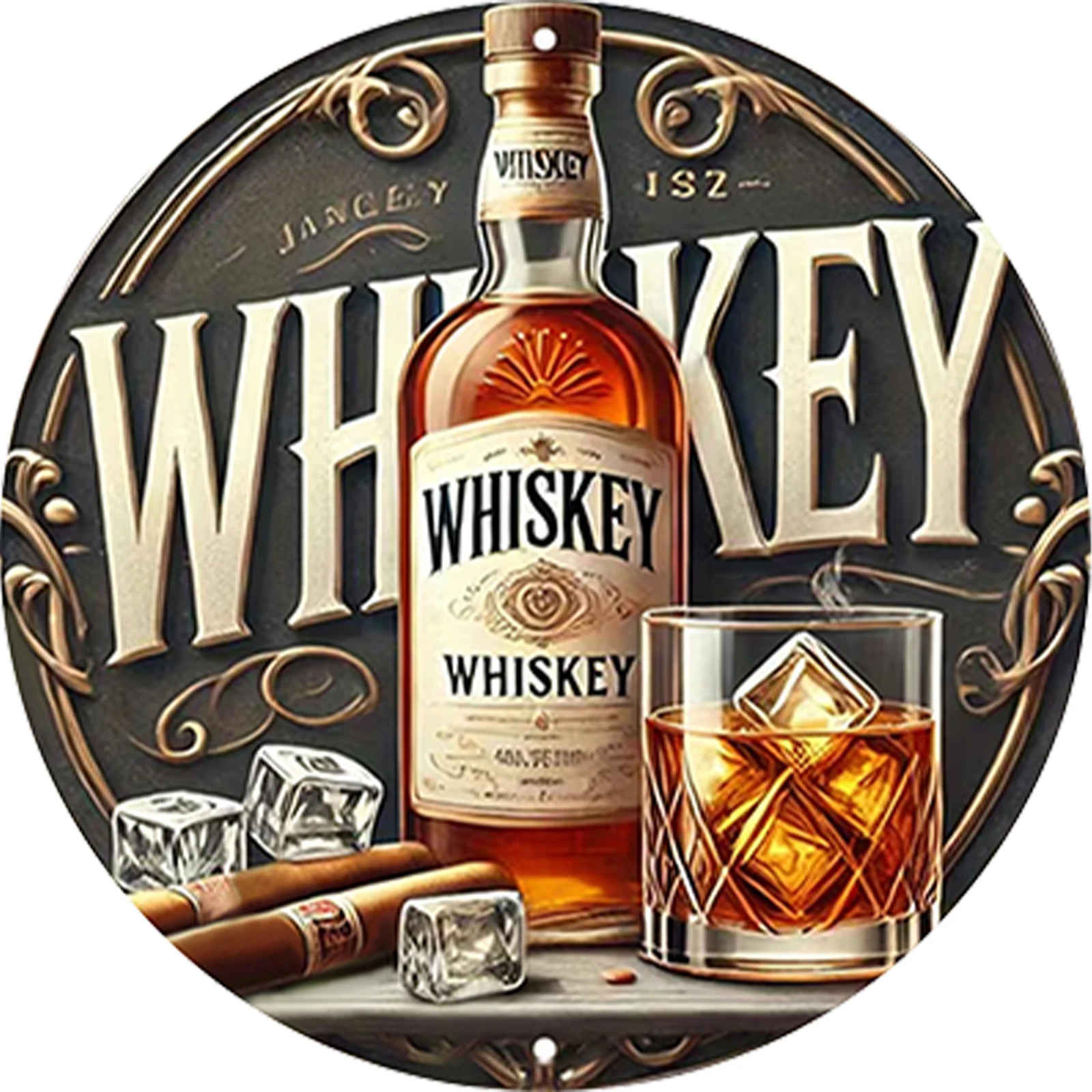 Whisky Round Vintage Metal Metal Tin Wall Art for Home Street Shop Garage Bar Farm Garden with Embossed Edge 12x12inch