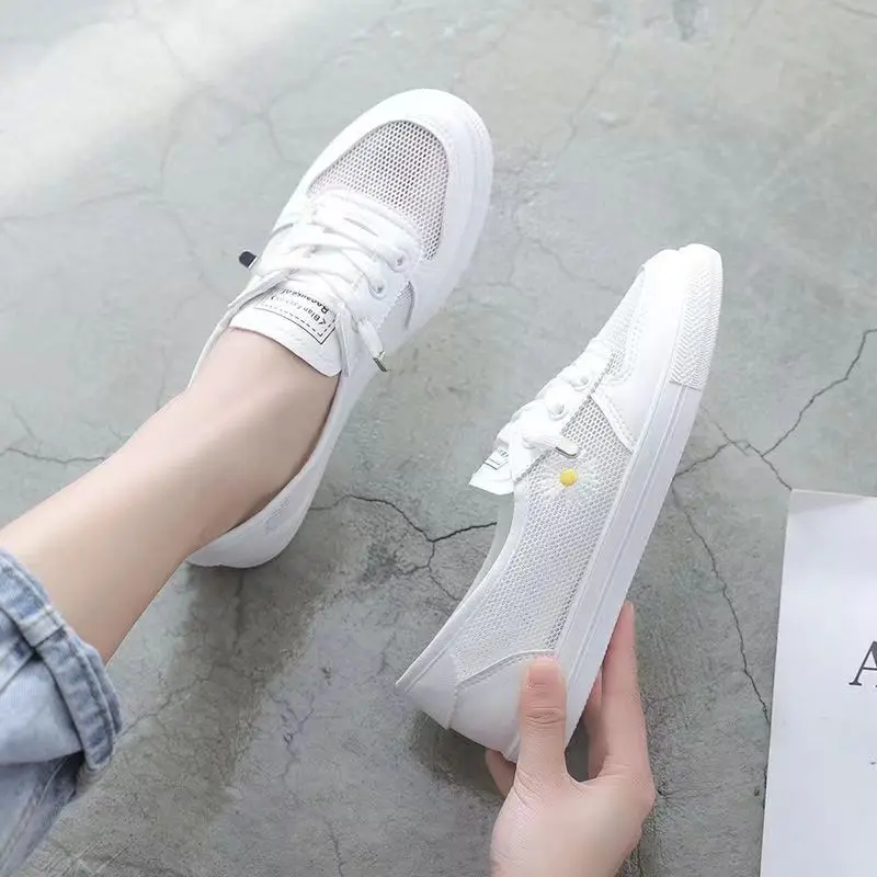 Women Spring Summer Flats Sneakers Mesh Breathable Lace Up Tennis Casual Light Hollow Sapatos Femininos White Comfort Zapatos