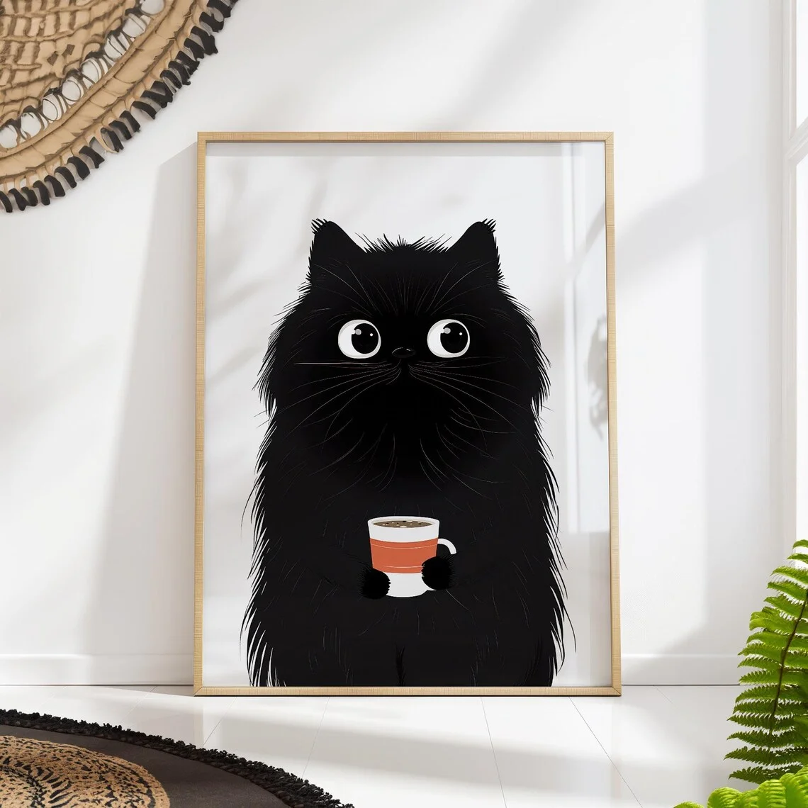 Cozy Black Cat Coffee Break Wall Art - Whimsical Print Celebrating Feline Caffeine Joy. The Clean White Backdrop and Cute Cat Ch