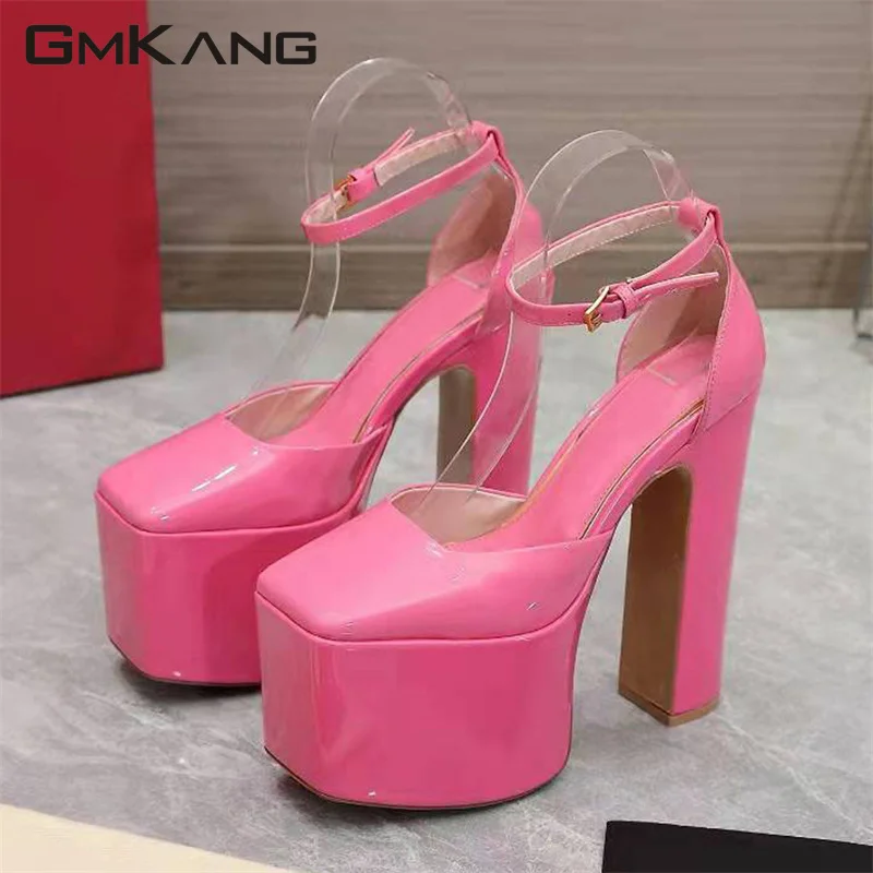 New Platform Shoes Women Super High Heels Runway Shoes Patent Leather Women Pumps Square Toe Chunky Heels Party Shoes Woman