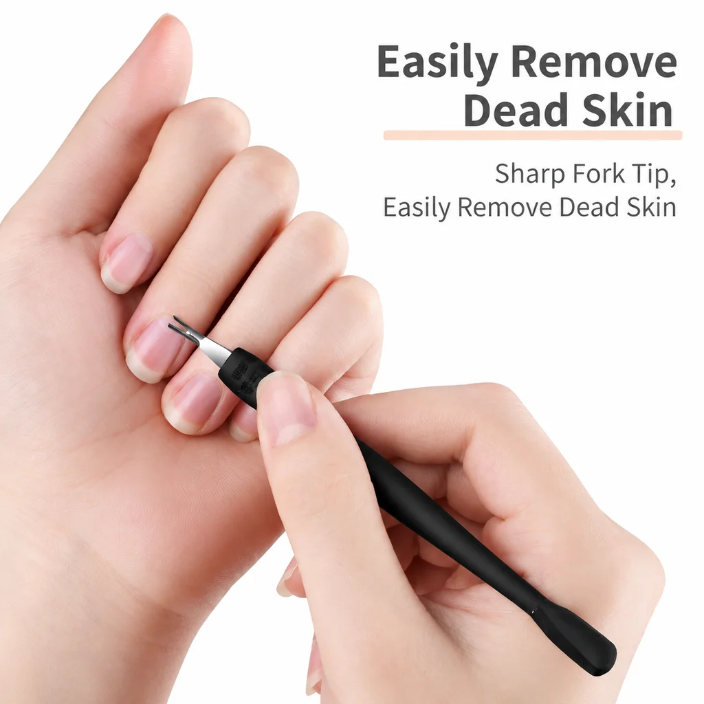 Remove dead skin with deep V-shaped tool, exfoliation scrub, push knife scissors, sharp spurs for nail removal