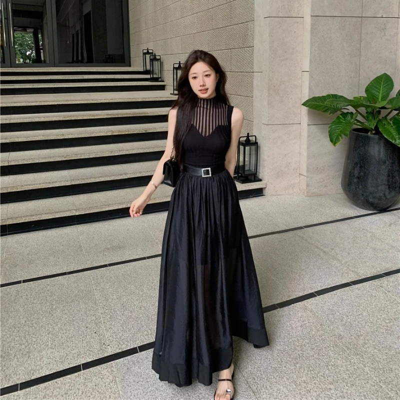 Set Dua Potong Rok Wanita Pakaian Musim Panas Kasual Hitam Chic dan Elegan Promosi 2025 Pakaian Wanita Jalanan Y2k Tanpa Lengan