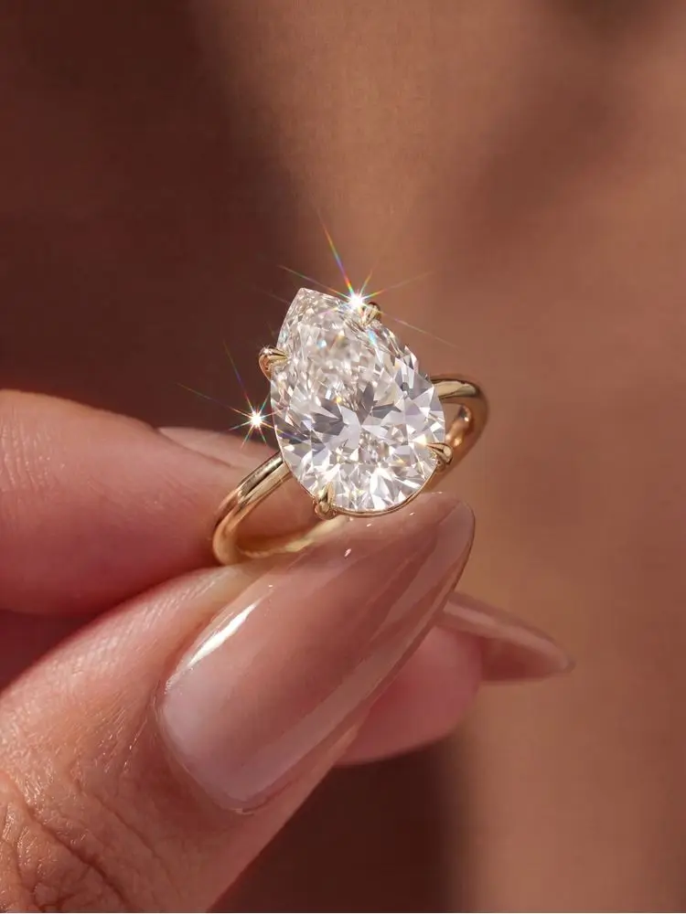 Simply Fashioned 1-2CT Water-Drop Zircon Smooth Ring For Women Anniversary Wedding  Engagement High Quality Trendy Jewelry