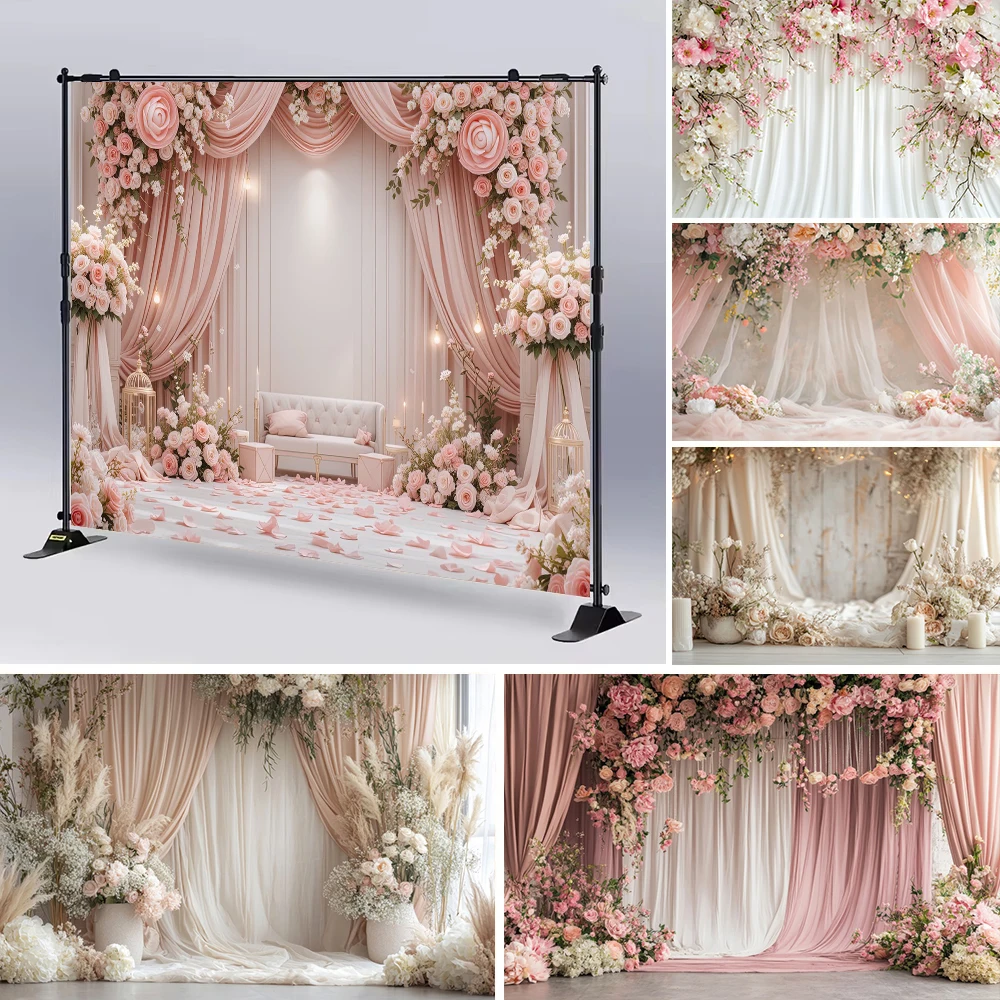 Wedding Decoration Photography Backdrop Pink Floral Wall White Curtain Bridal Engagement Ceremony Baby Birthday Photo Background