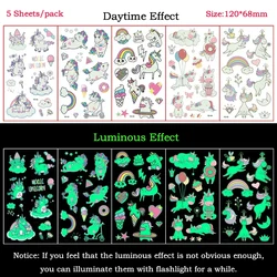 5 adet/takım gece Glow dövme çıkartmalar geçici çocuk Unicorn peri hayvan dövme parti süslemeleri floresan dövme çıkartmalar