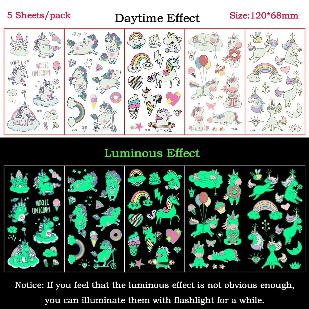 5pc/Set Night Glow Tattoo Stickers Temporary Unicorn Fairy Animal Tattoo Party Decorations Fluorescence Tattoo Stickers