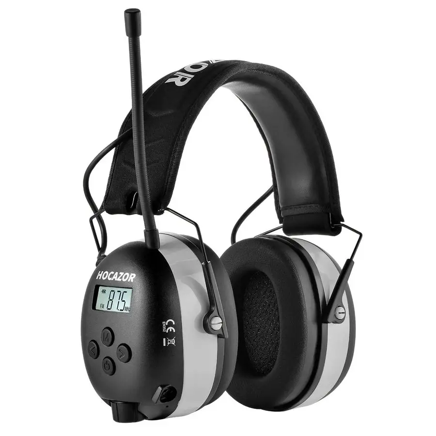 

FM AM Radio Headphones with LCD Display, 30dB SNR Hearing Protection Safety Earmuffs for Mowing Work Shops, Grey