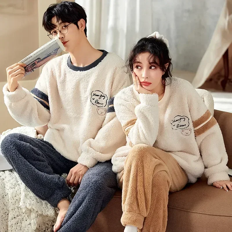 ฤดูหนาวชุดนอน Flannel และชุดนอนขนแกะ Pijama สําหรับ Feminino ชุดนอน Thicken การจับคู่ผู้หญิง Inverno คู่ Coral ผู้ชาย