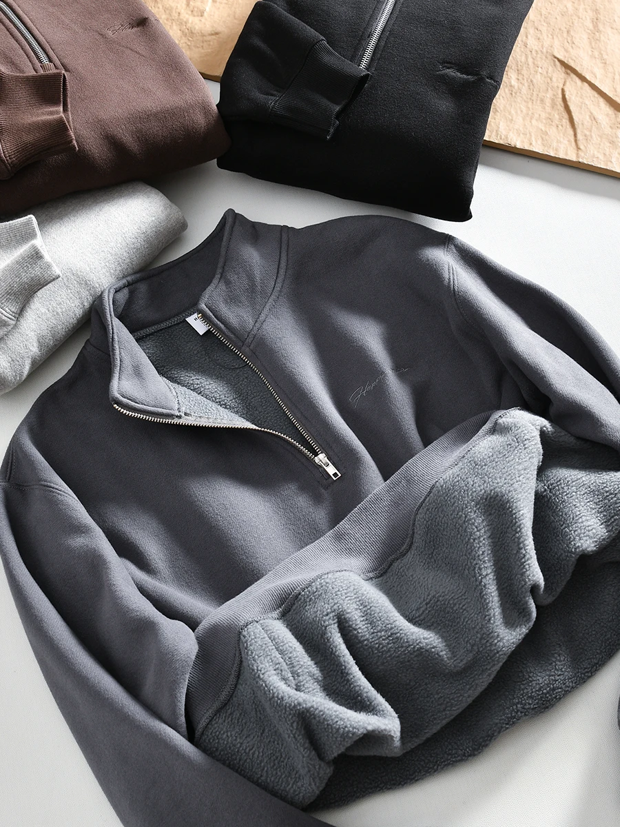 

Men's Fashionable Fleece Lined Thickened Hoodie Loose Fit Half Zipper Stand Collar Sweatshirt for Autumn Winter Casual Wear