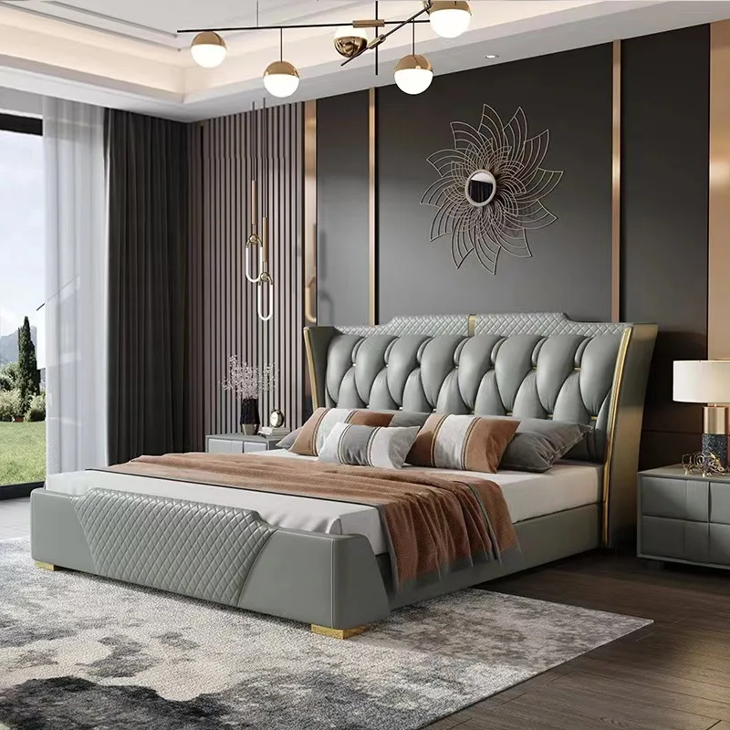 Italian light luxury leather bed modern simple double bed head cowhide master bedroom soft bed high-end wedding bed