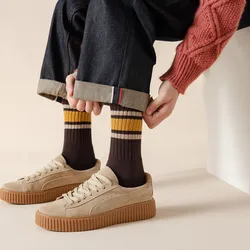 Japanese Cargo Wind Socks for Men Autumn-winter Three-bar Retro Warm Men's Mid-leg Socks with Cotton Loops