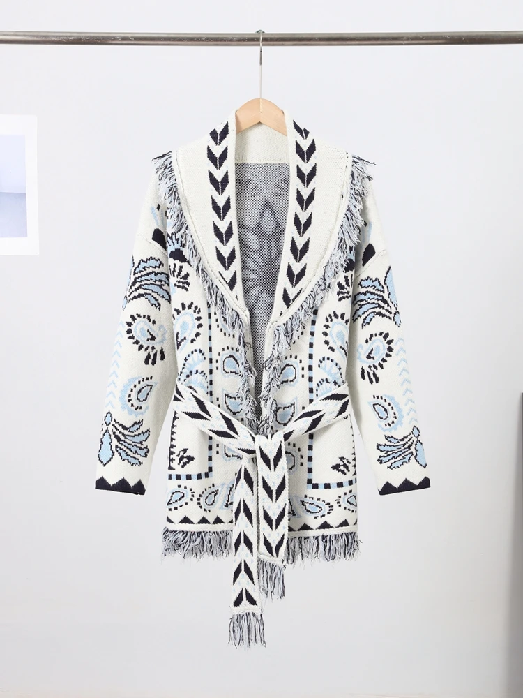 طباعة محبوك شرابة سترة طويلة المرأة الخامس الرقبة كم كامل الدانتيل يصل سترة الخريف أنيقة الإناث اليومية ملابس خارجية غير رسمية #1