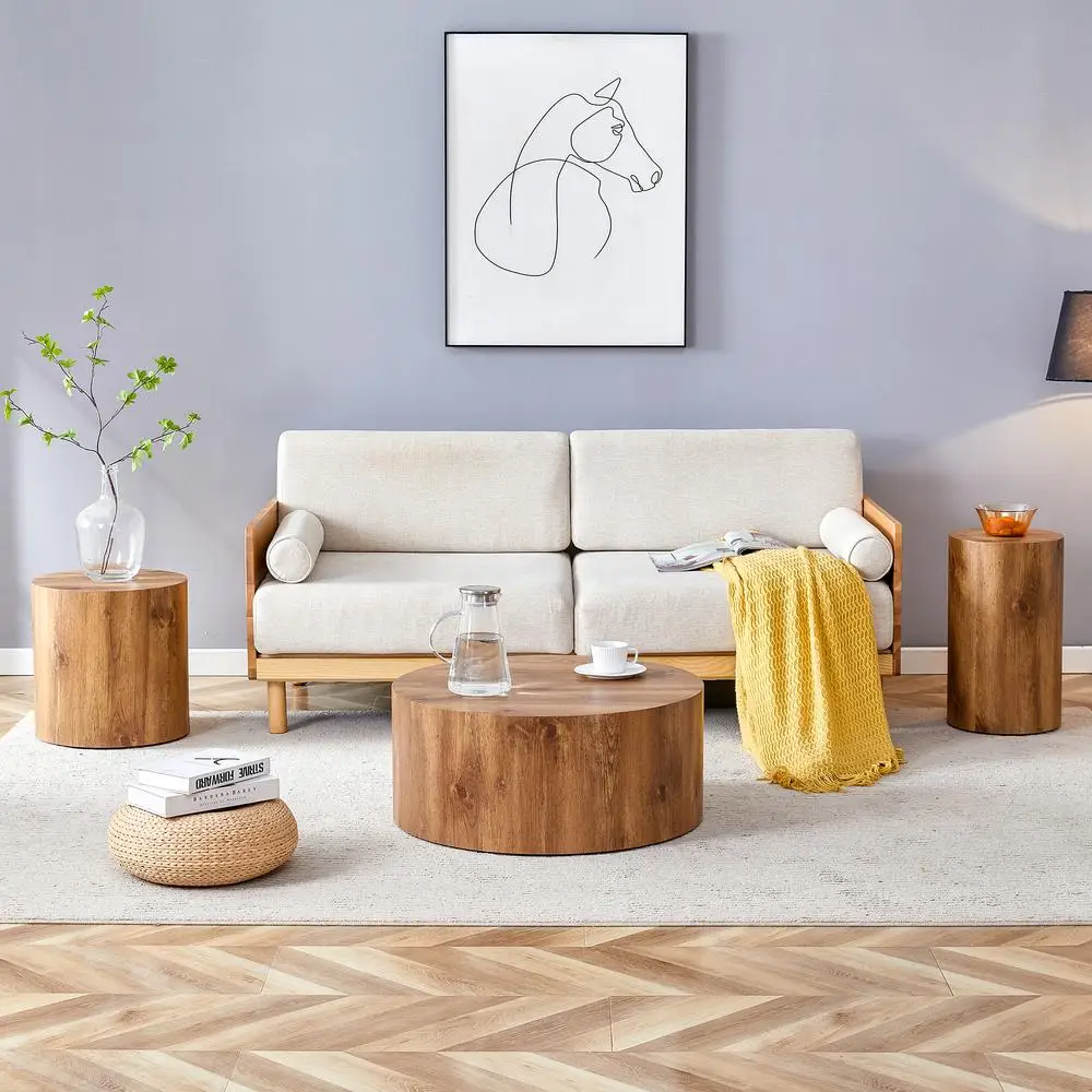 Tavolini cilindrici in MDF Set di 3 tavolini con accenti impilabili con motivo a venature del legno Mobili da soggiorno moderni e minimalisti