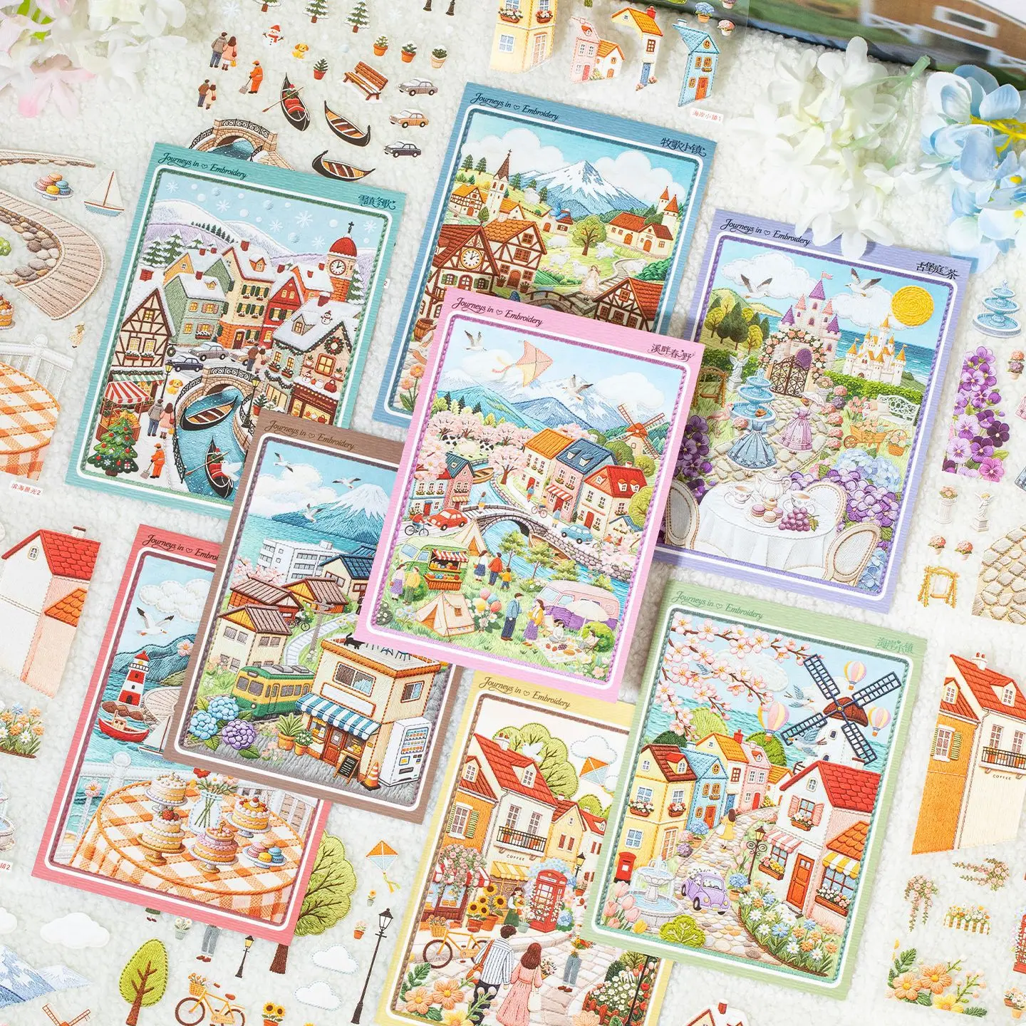 Simulated Embroidery Texture European Town Scene Sticker Set, Vintage Landscape Decor Stickers for Scrapbook DIY