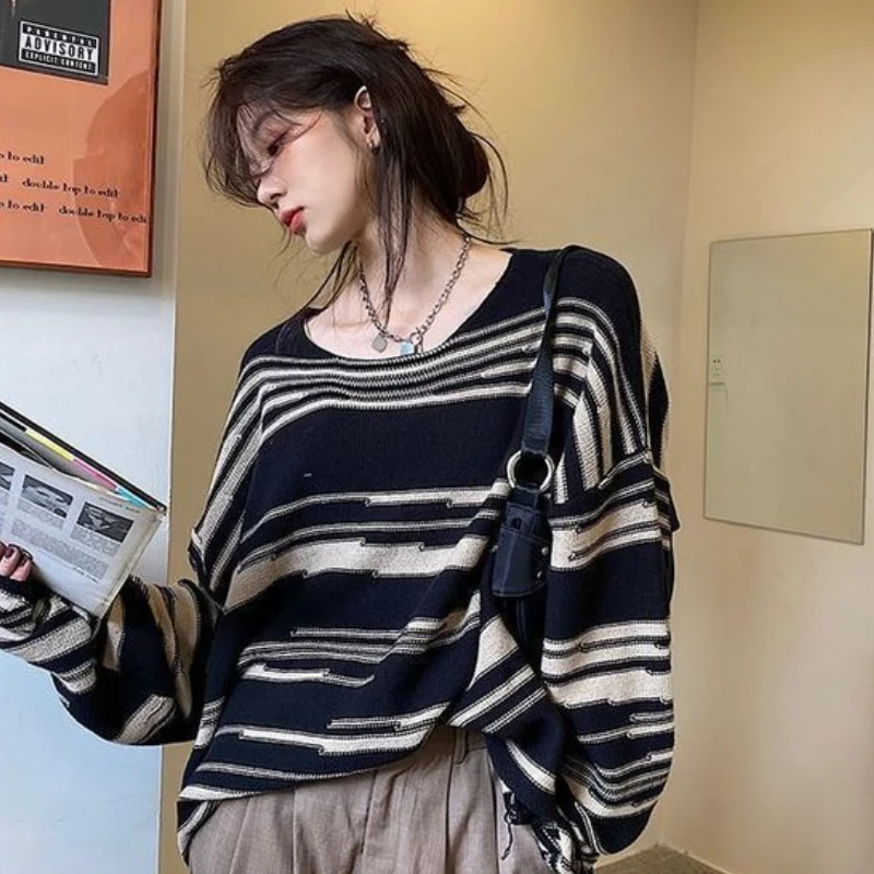 

Striped Pullovers Women High Street New Vintage Loose-fitting Long Sleeve Knitting Casual Korean Fashion Female Autumn Aesthetic