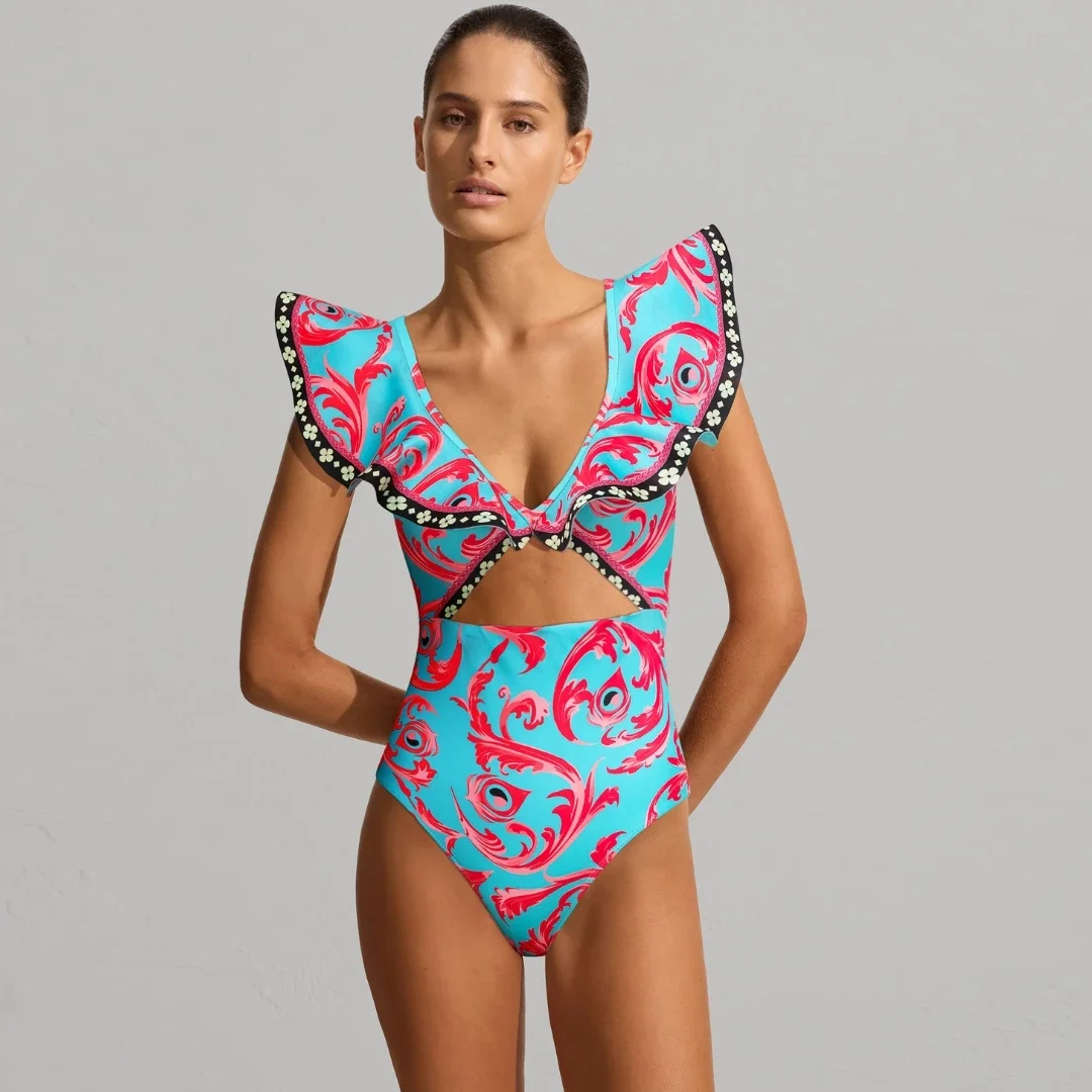 2024 Printed V Neck Ruffle One Piece and Sarong Swimwear Women Vacation Beachwear Luxury Bathing Suit Bodysuit Dress