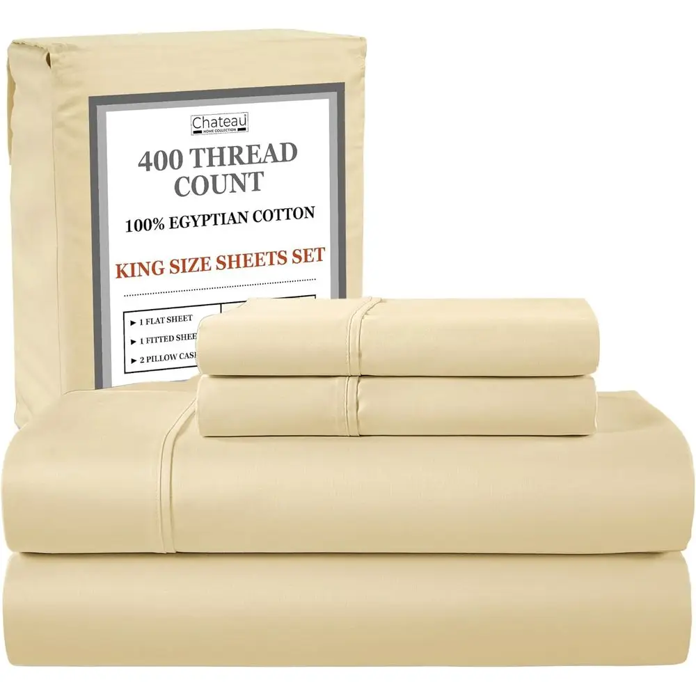 

Luxurious 100% Egyptian Cotton 400 Thread Count Sateen Deep Pocket King Sheets Set, 4-Piece, Oeko-TEX Certified, Ivory