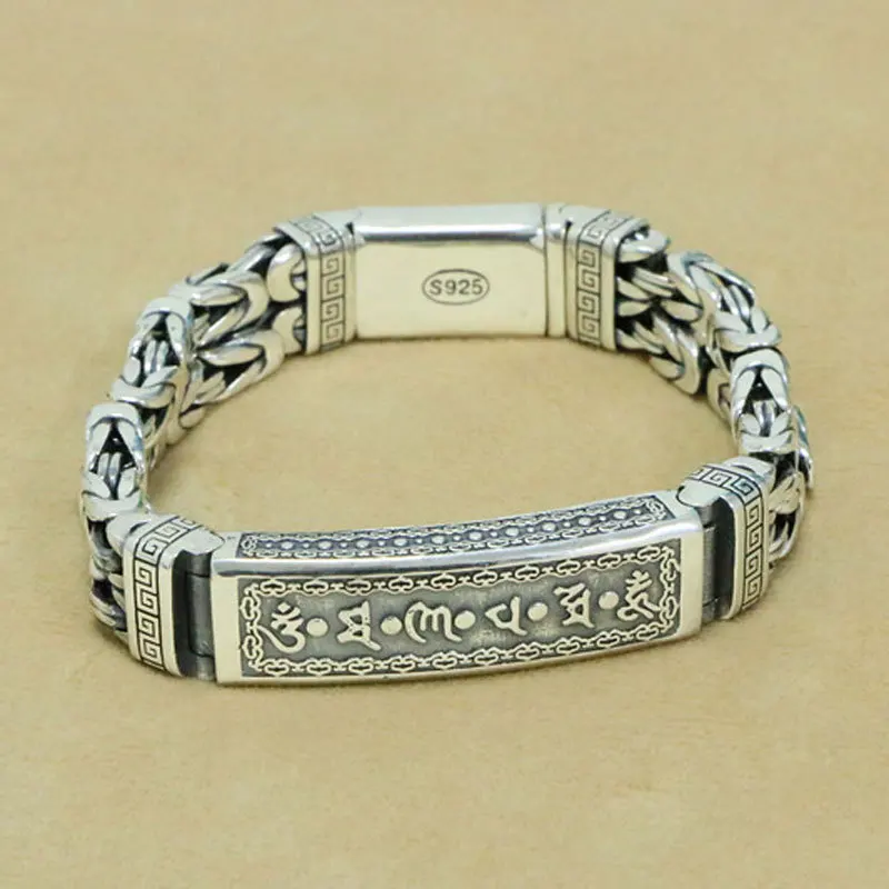 

S925 Sterling Silver Retro Thai Silver Trendy Personality Men's Wide Face Trendy Man Bracelet with Six Character True Words Drag