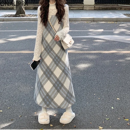 Onalippa Contrast Plaid Wool Dress for Women Sleeveless Straight Loose Winter Clothes Korean Preppy Style Sweet Midi Dresses