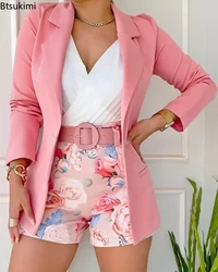 New 2024 Women Long Sleeve Blazer & Floral Print Shorts Set With Belt Casual 2 Piece Suit Sets Womens Female Outfits Set 2PCS