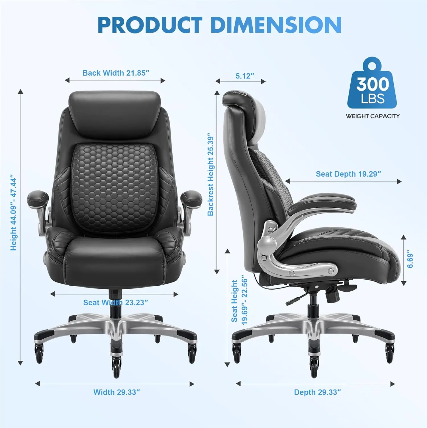 Black Leather Office Chair for Home Office with Pop-Out Lumbar Support, Upgraded Casters, Adjustable Headrest and Flip-Up Arms