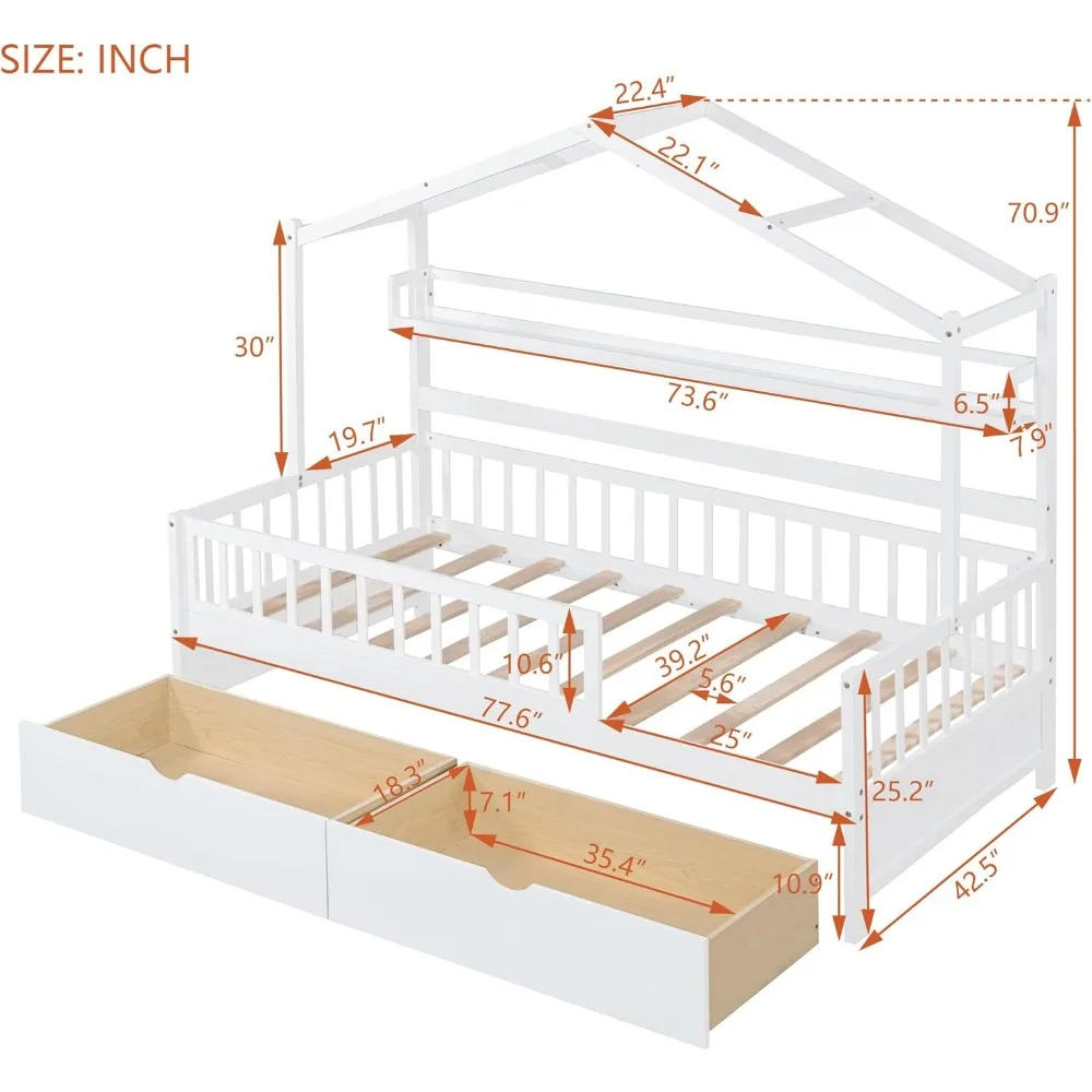 Lit double avec 2 tiroirs, cadre de lit pour enfants en bois avec étagère de rangement