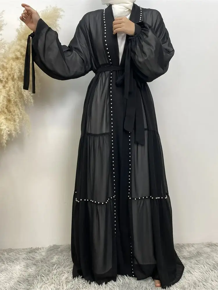 Abaya Dubai Muslim women\'s fashion Cardigan dress Arab net color studded Moo chiffon elegant temperament cardigan robe