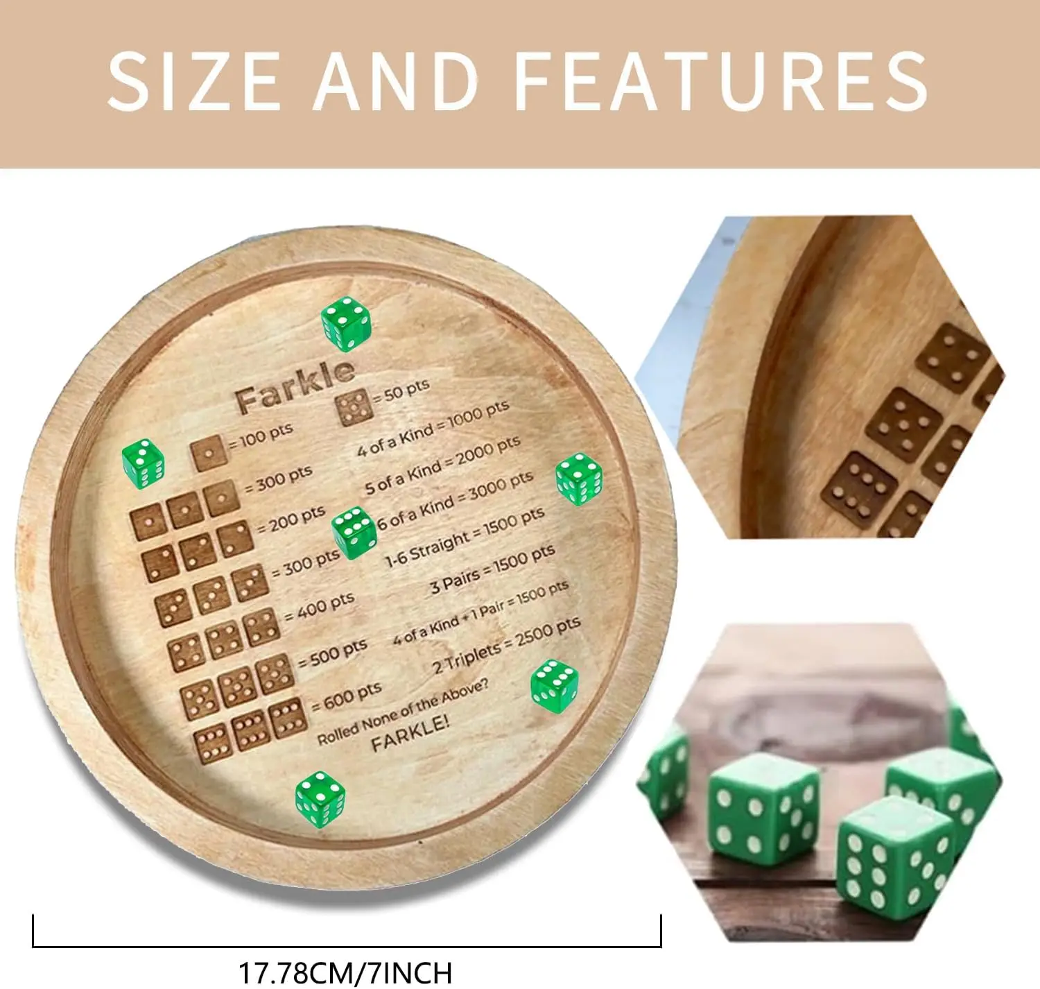 Farkle Dice Tray - Wooden Farkle Classic Dice Game Tray with 6 Dice, Dice Tray for Rolling for The Family Party Travel Game