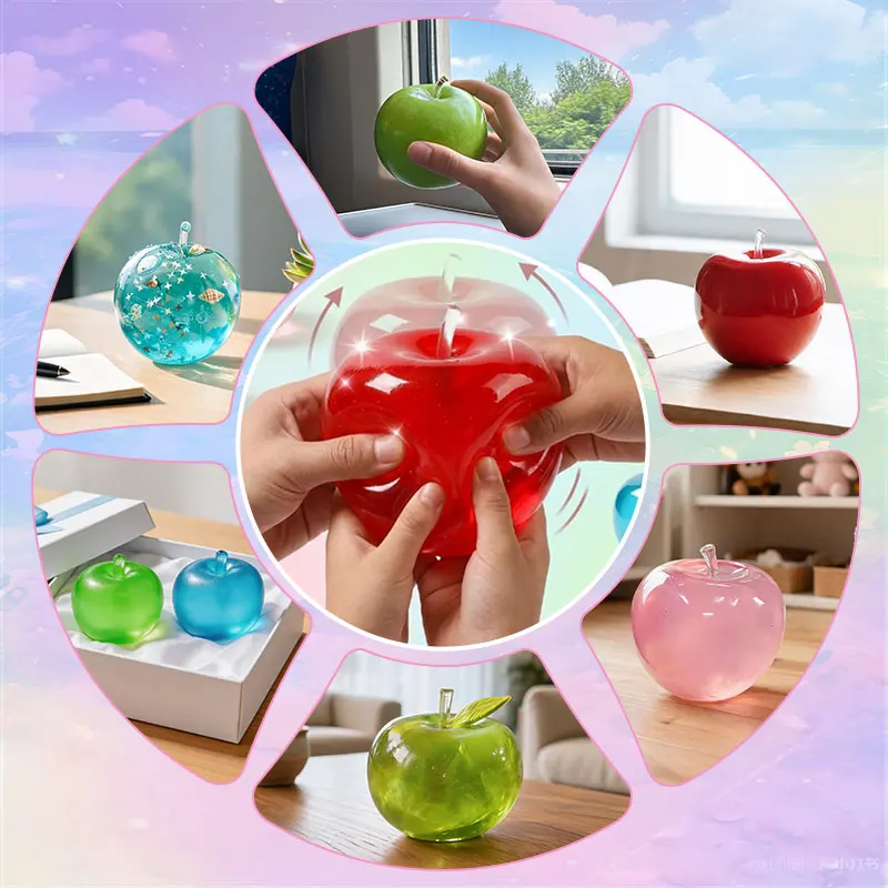 Simulated Clear Apple Squishy Toy Transparent Maltose Squeeze Fidget Toy Glitter Shell Decor Sensory Toy Stress Release Vent Toy