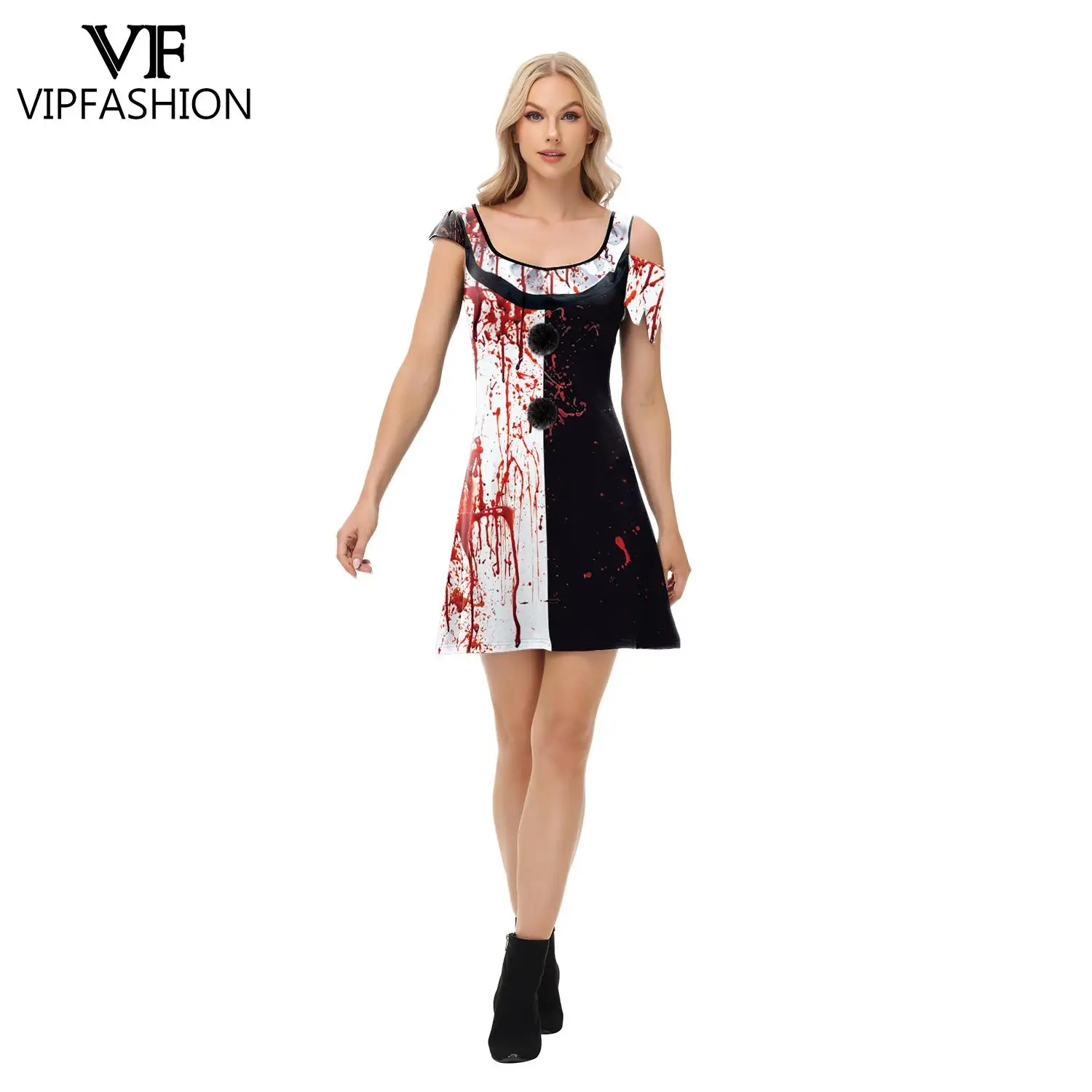 VIP FASHION-Terrifier 3 Bloody Clown fur s for Women, planchers y Halloween Cosplay Costume, Irregméthanol, Short Sleeve fur s, Sexy Party Clothes