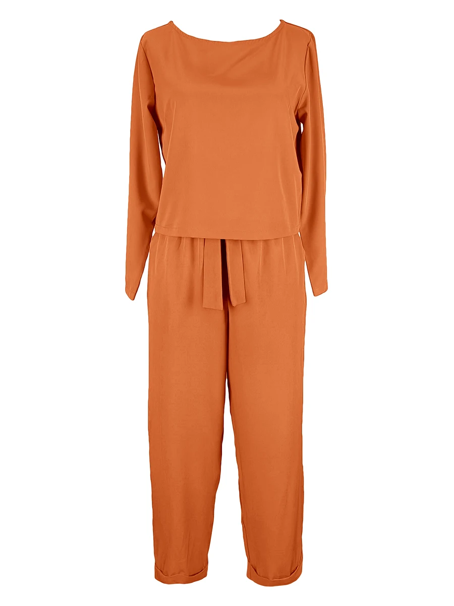 Plus Size Women Casual Two Piece Set Solid Color Long Sleeve Loose Top And High Waist Lace Up Pants Elegant Autumn Outfits