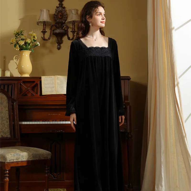 Winter Vintage Princess Velvet Long Night Dress Velour Retro Royal Nightwear Square Collar Sleepwear Nightgowns for Women