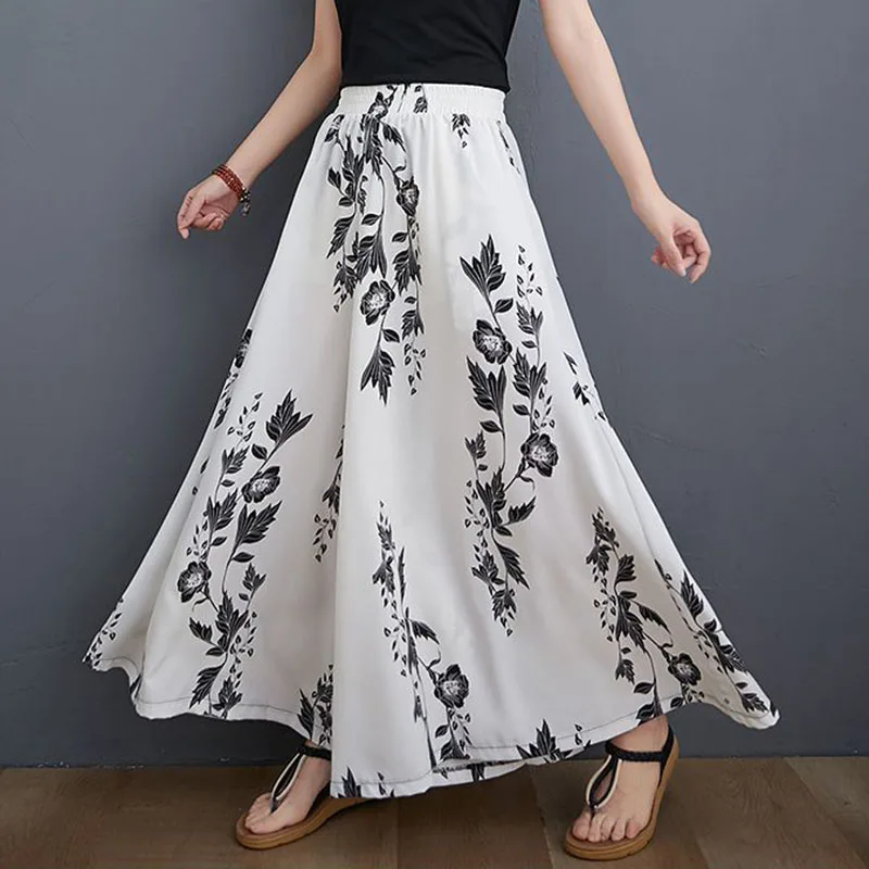 

Long Pants Women's Casual Wide Leg Long Pants Summer Fashion Printed Loose Elastic High Waisted Straight Leg Pants Skirt 2023