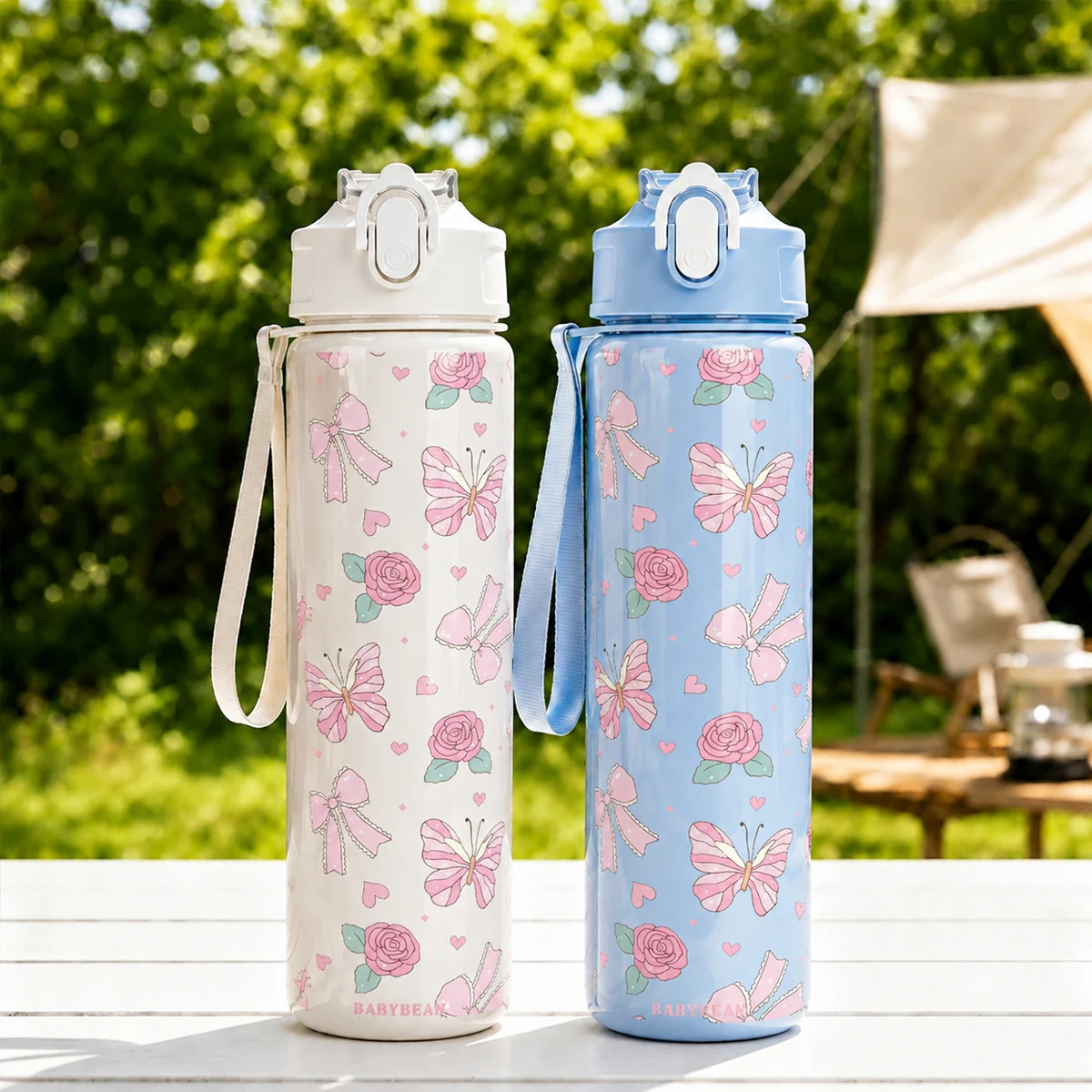 Floral Butterfly Print Plastic Water Bottle Flip Straw Leakproof Lanyard Sports Cup For Girls School Gym Travel Daily