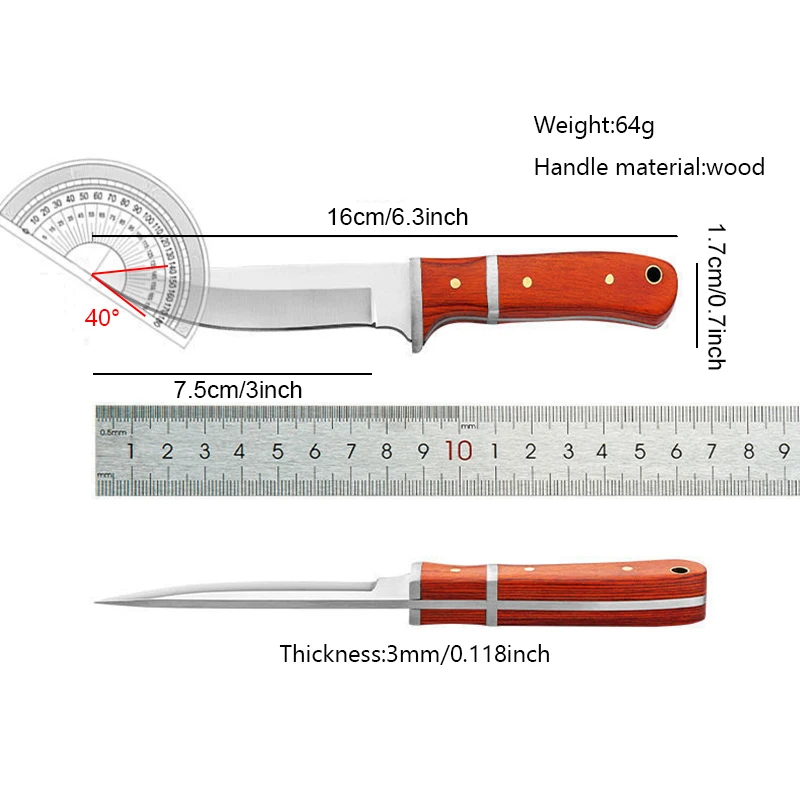 3Inch Stainless Steel Outdoor Knife Utility Knife Wood Handle Hunting Survival Knife Portable Sheath EDC for Camping Fishing BBQ