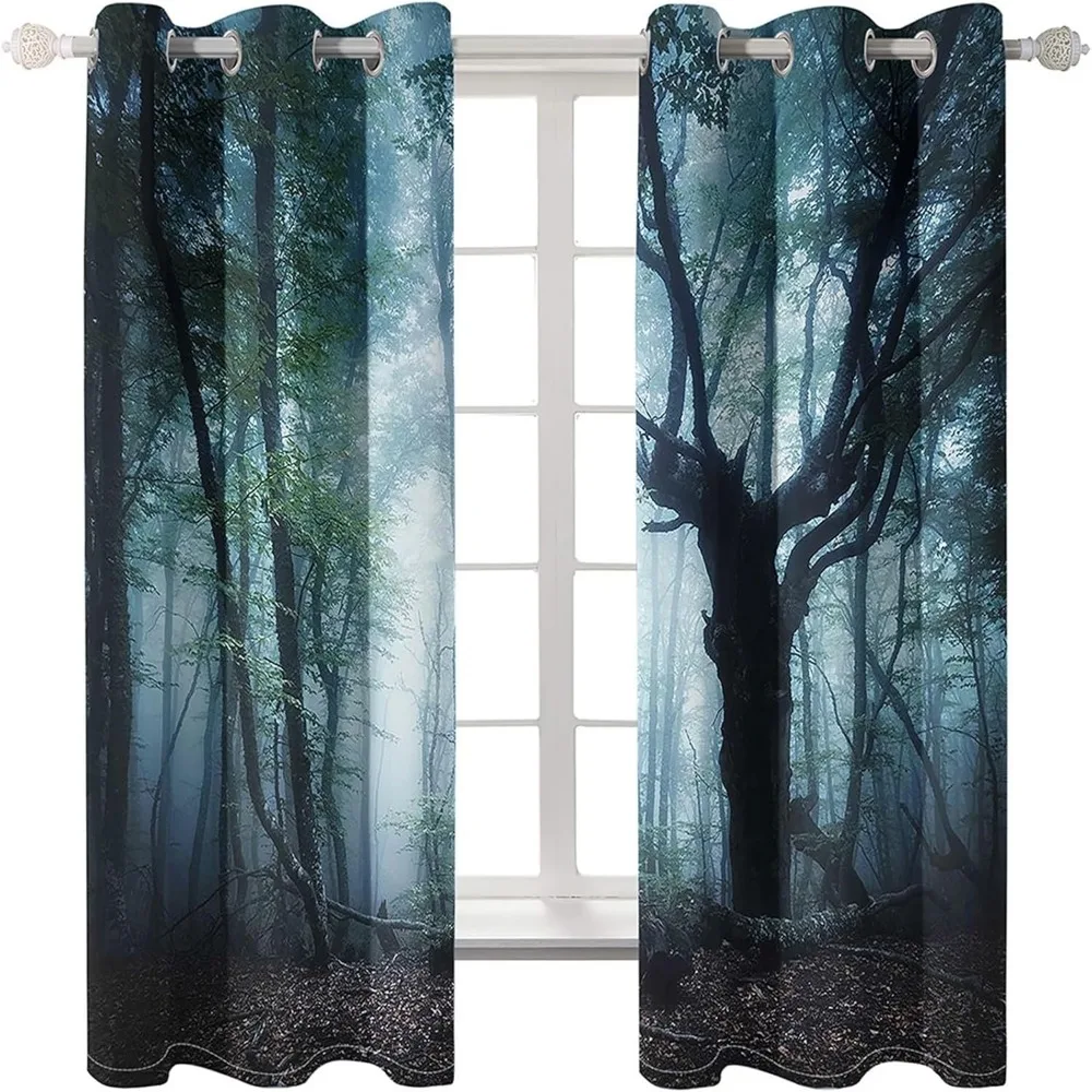 Cortinas transparentes de poliéster preto e verde com padrão de árvore psicodélica, 92 x 90, conjunto de 2