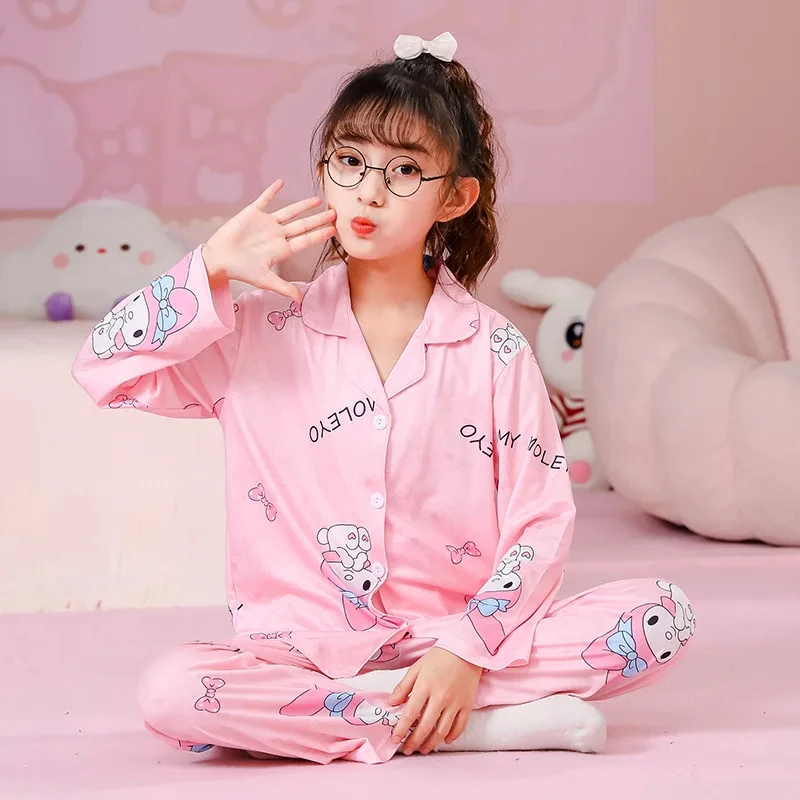 Cute Sanrio Cinnamoroll Kids pigiama Kuromi Mymelody hellobyt bambini Casual Spring Home manica lunga Set Girl Nightwear Pants