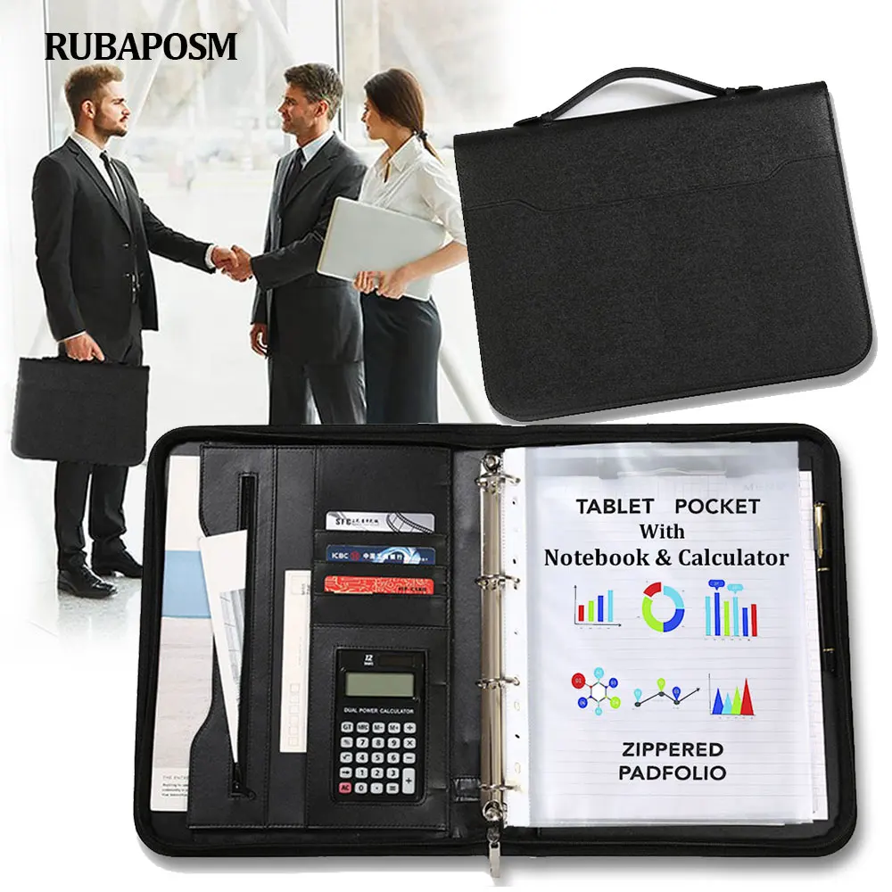 A4 Leder Portfolio Ordner Reißverschluss Padfolio mit Griff Binder Rechner Notebook Dokument Organizer Männer Business Aktentasche