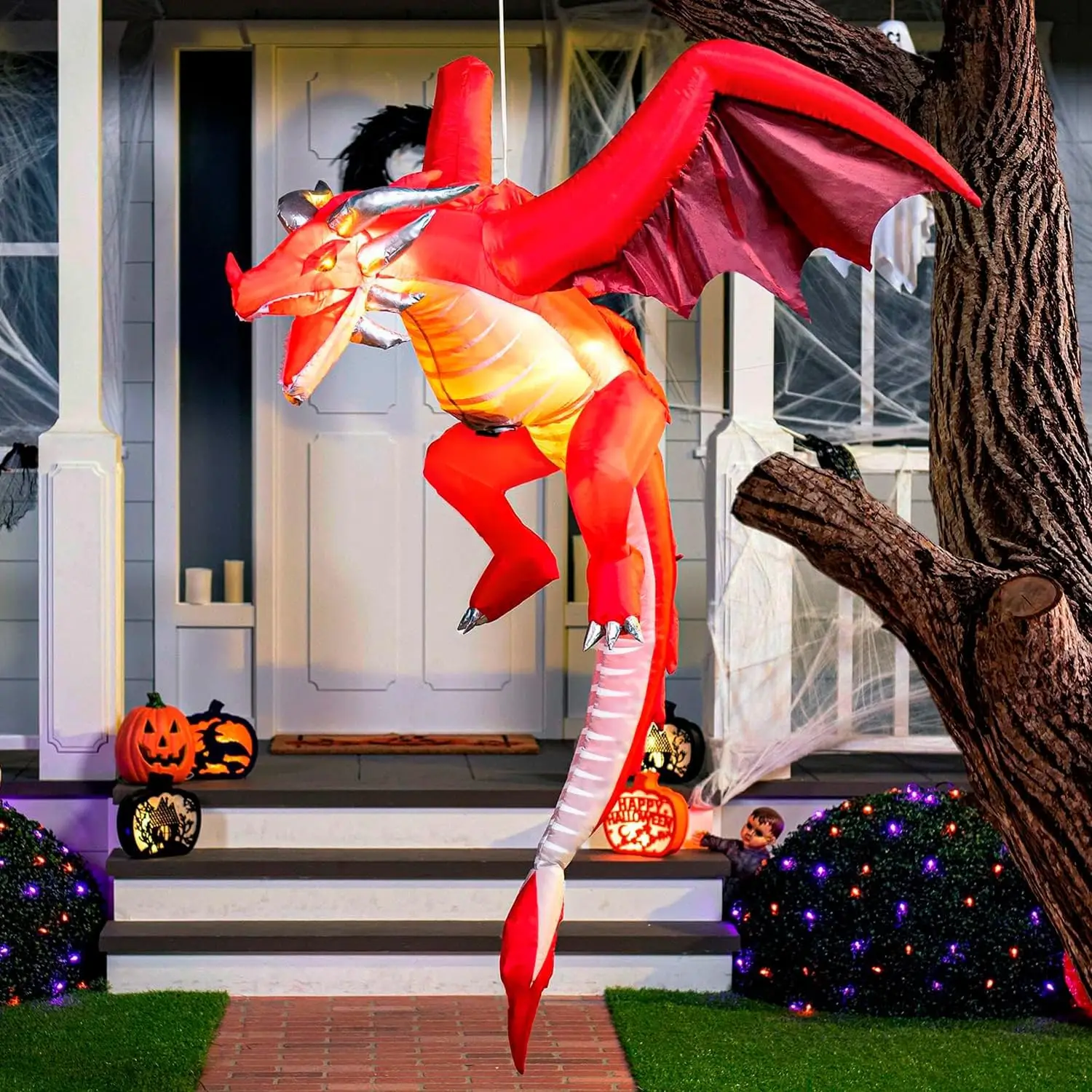 Blow Up Flying Dragon with Light for Halloween Party Indoor, Outdoor, Yard, Garden, Lawn Decorations