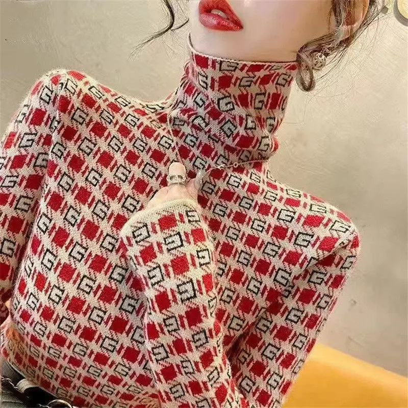 Autumn Winter Korean Fashion Printed Turtleneck Elegant Long Sleeve Slim Warm Basic Tee T Shirt Women Casual Pullover Top Female