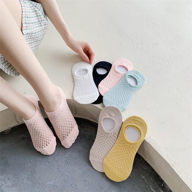 

5 pairs Women Summer Casual Ankle Socks Breathable Thin Shallow Anti-slip Solid Color Low Cut Invisible Mesh Female Boat Sox