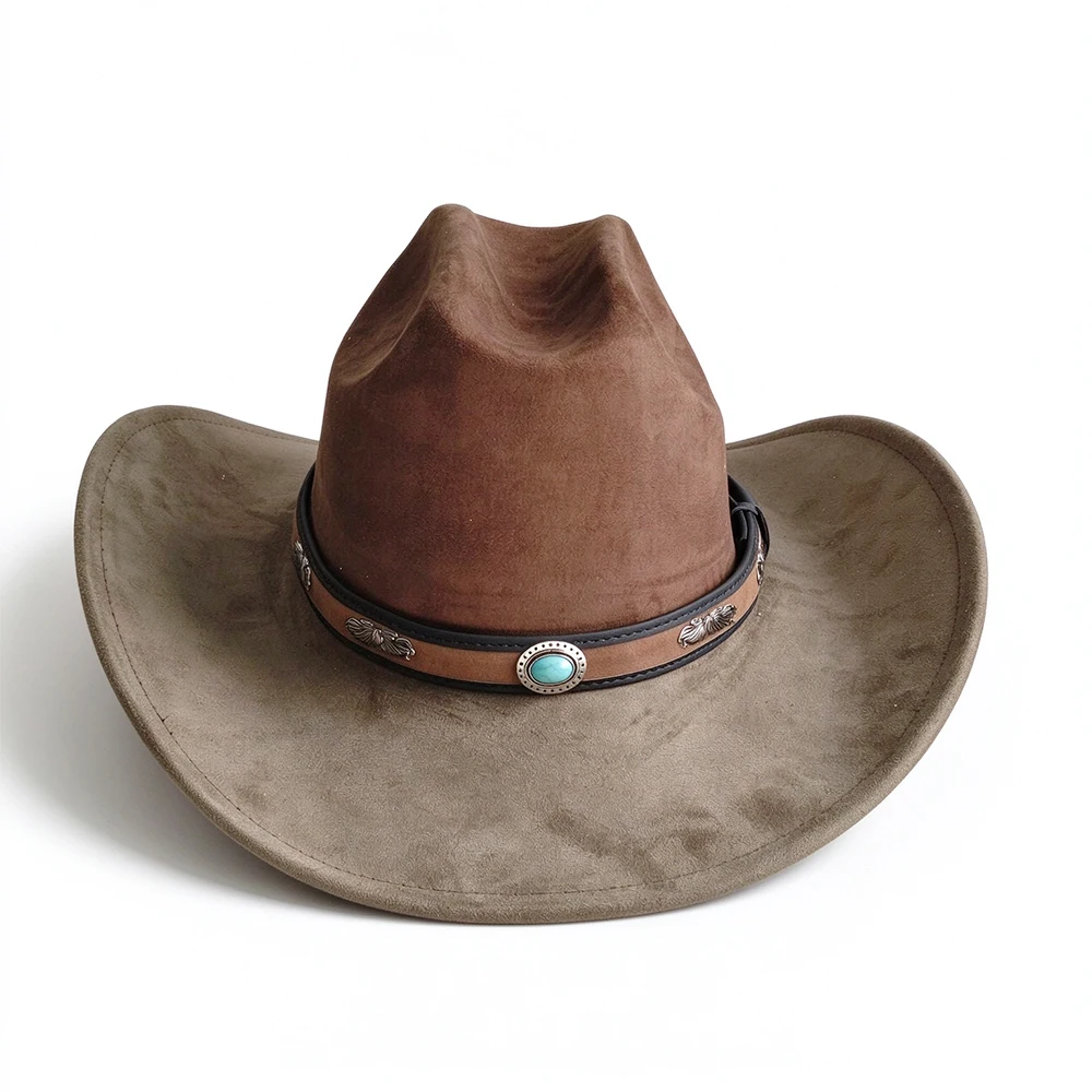 Western cowboy hat,cowgirl hat wide brim hat faux suede hat two tone hat turquoise leather band, unisex, vintage style, sun