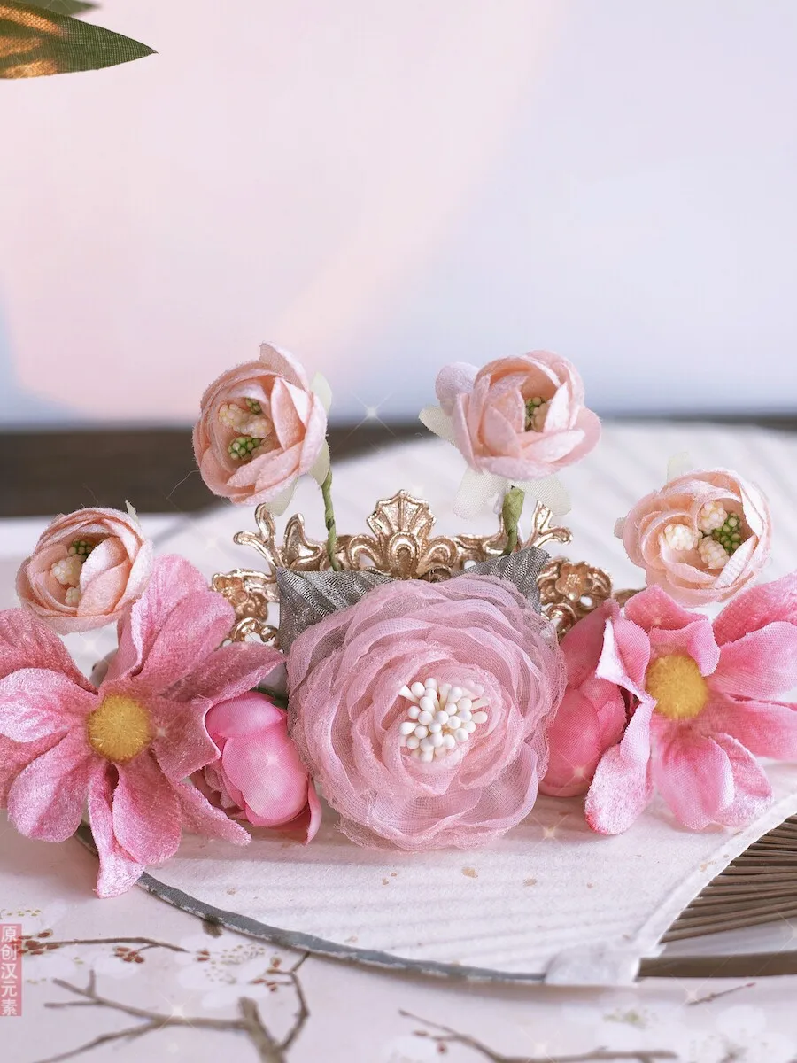 Vintage Chinese Hanfu Peony Flower Hair Crown Pink Silk Headpiece Electroplated Base Tang Song Dynasty Style Accessory For Women