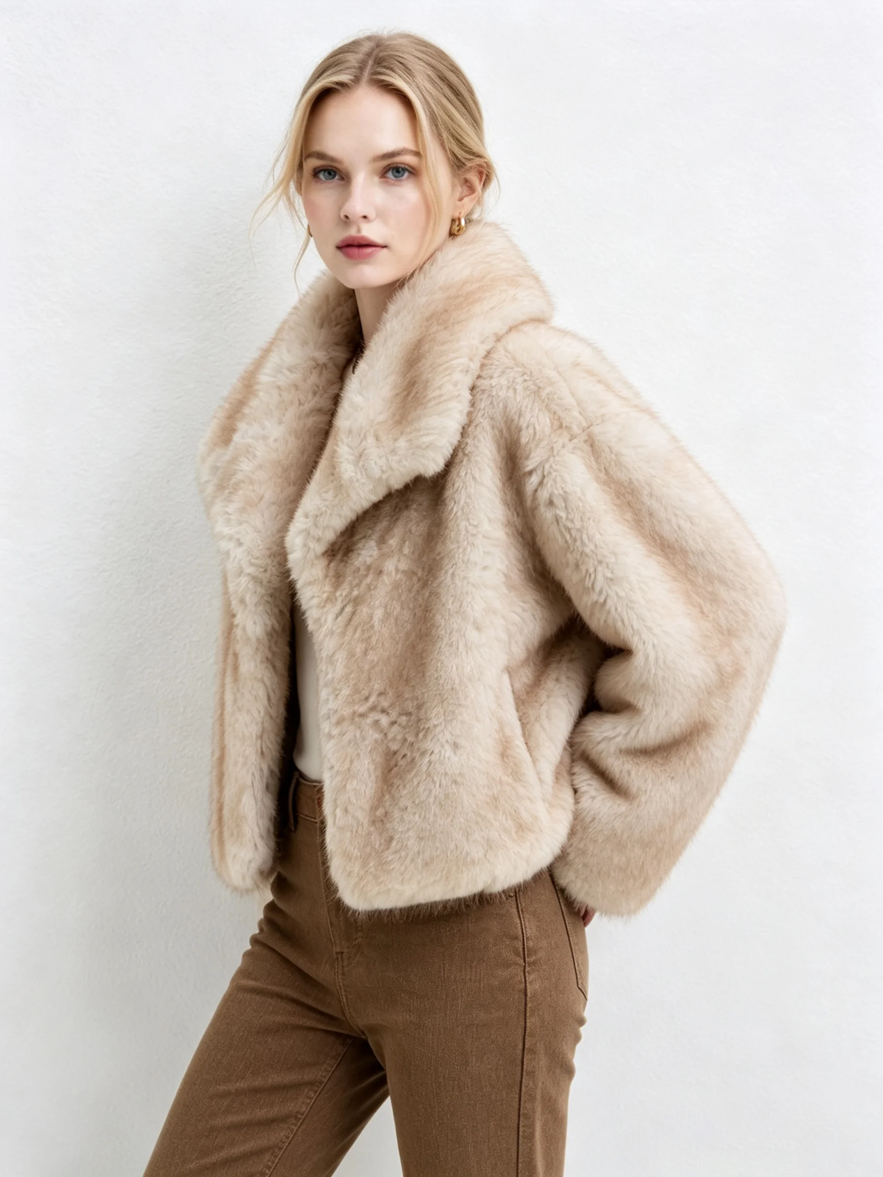 LIMO Women Big Lapel Faux Fur Cropped Coat Loose Long Sleeve Fluffy Warm Winter Plush Jacket